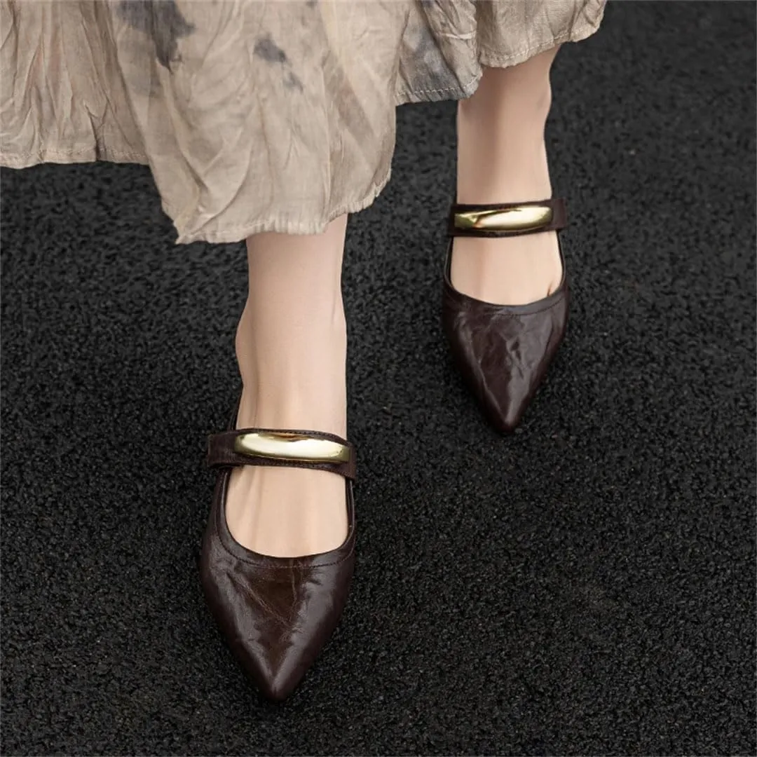 WomenS Elegant Pointed Toe Pull On Med Square Heel Metal Buckle Genuine Leather Mules for Daily Shopping and Walking
