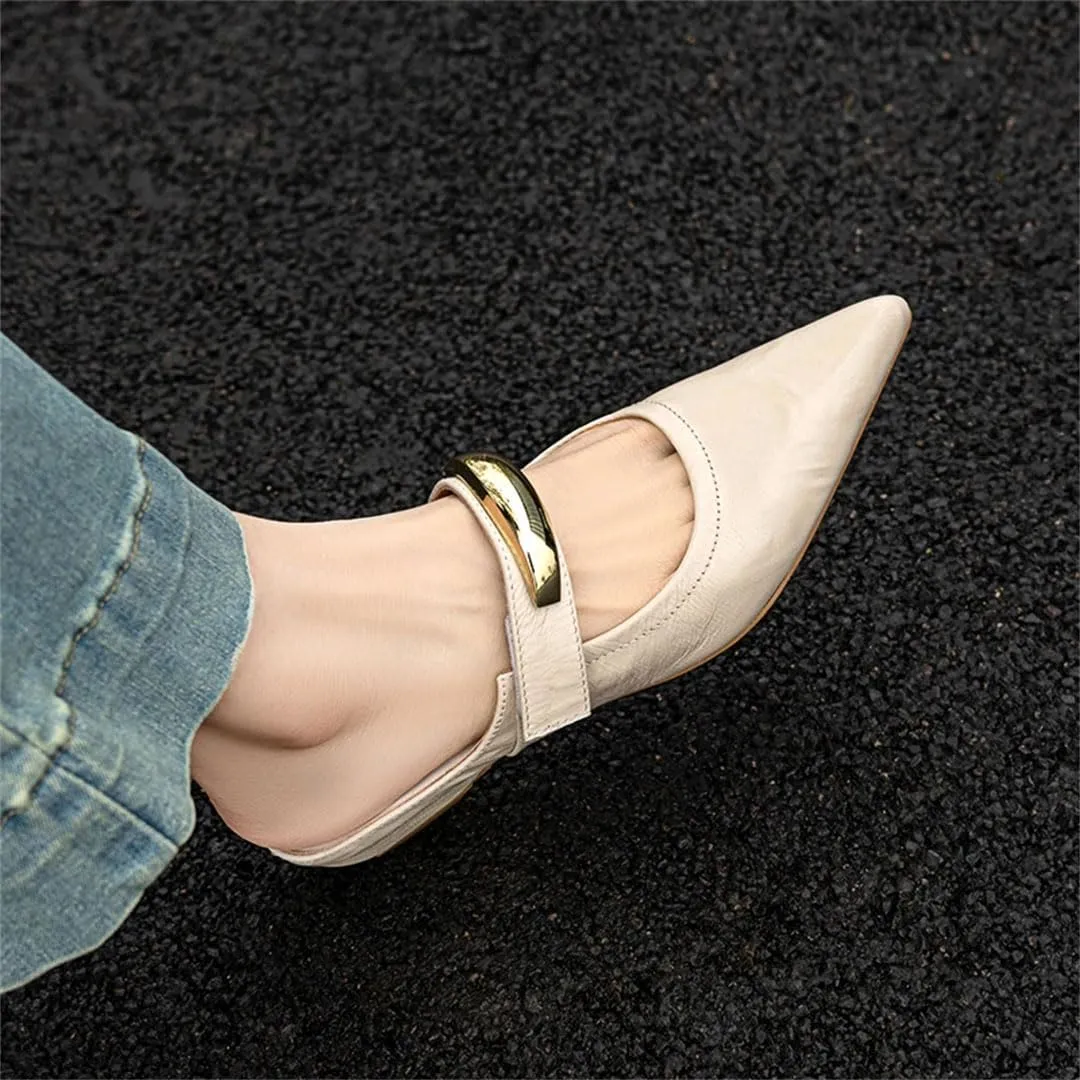 WomenS Elegant Pointed Toe Pull On Med Square Heel Metal Buckle Genuine Leather Mules for Daily Shopping and Walking