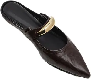 WomenS Elegant Pointed Toe Pull On Med Square Heel Metal Buckle Genuine Leather Mules for Daily Shopping and Walking