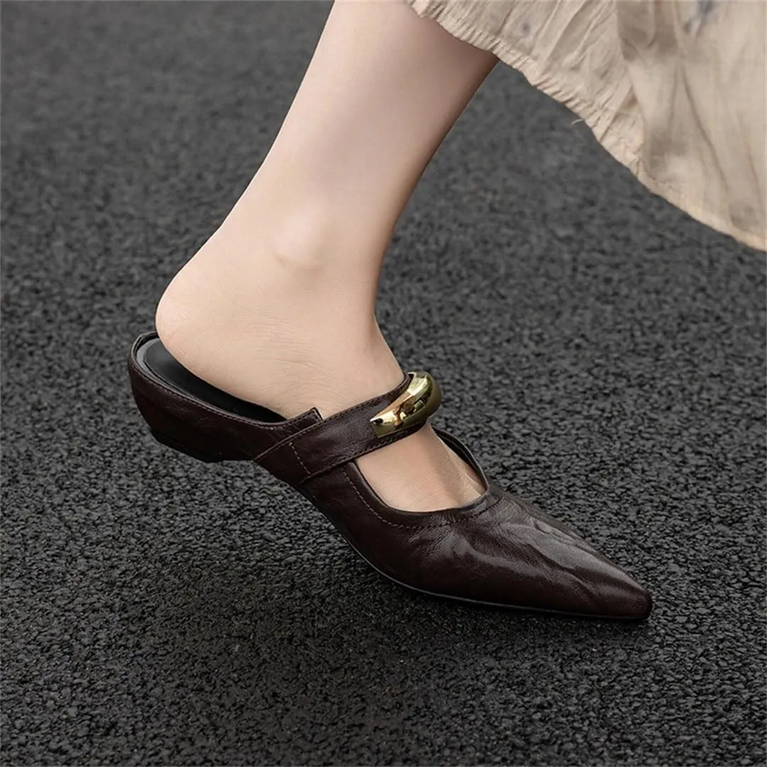WomenS Elegant Pointed Toe Pull On Med Square Heel Metal Buckle Genuine Leather Mules for Daily Shopping and Walking