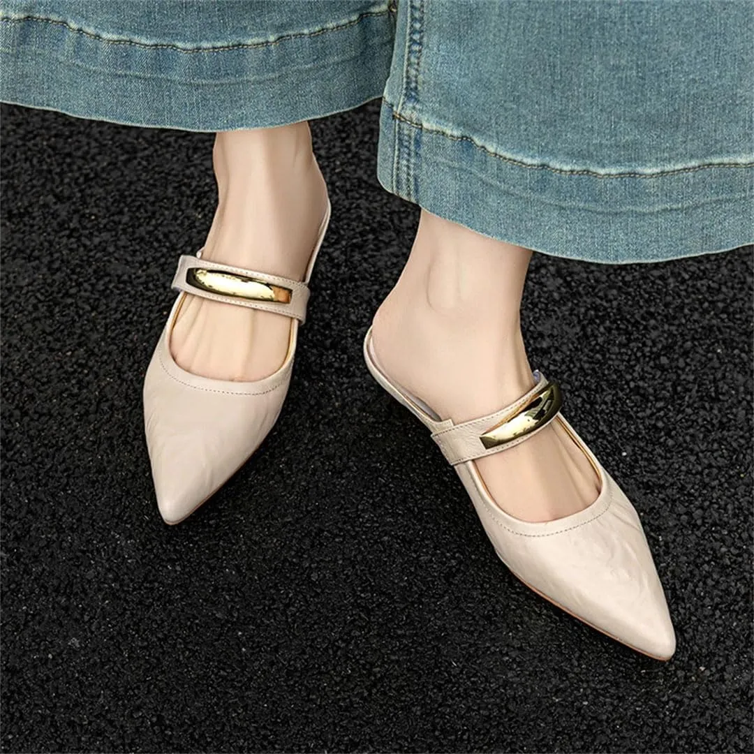 WomenS Elegant Pointed Toe Pull On Med Square Heel Metal Buckle Genuine Leather Mules for Daily Shopping and Walking