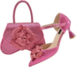 Women's Fashion Evening Party Shoes and Bag Set with Peep Toe Thin Heel Basic Pumps for Dress