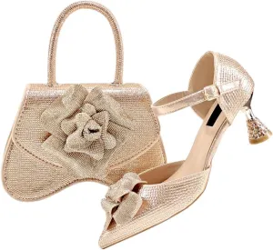 Women's Fashion Evening Party Shoes and Bag Set with Peep Toe Thin Heel Basic Pumps for Dress