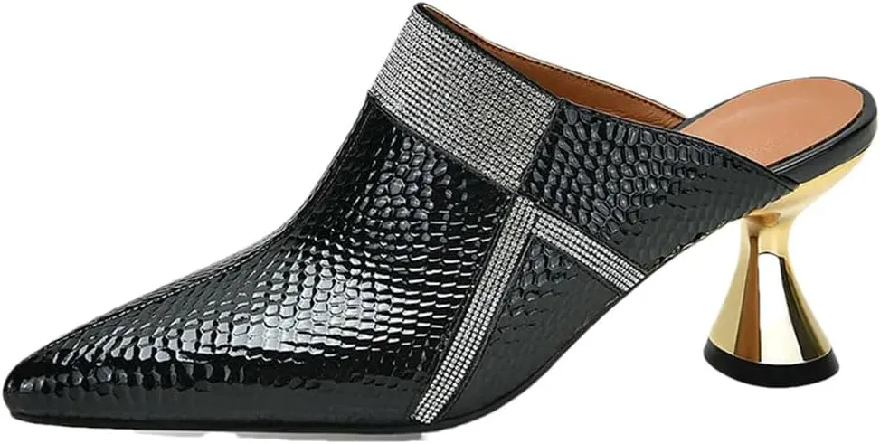 WomenS Fashion Rhinestone Slip-On Genuine Leather High Heel Platform Unique Heel Mules