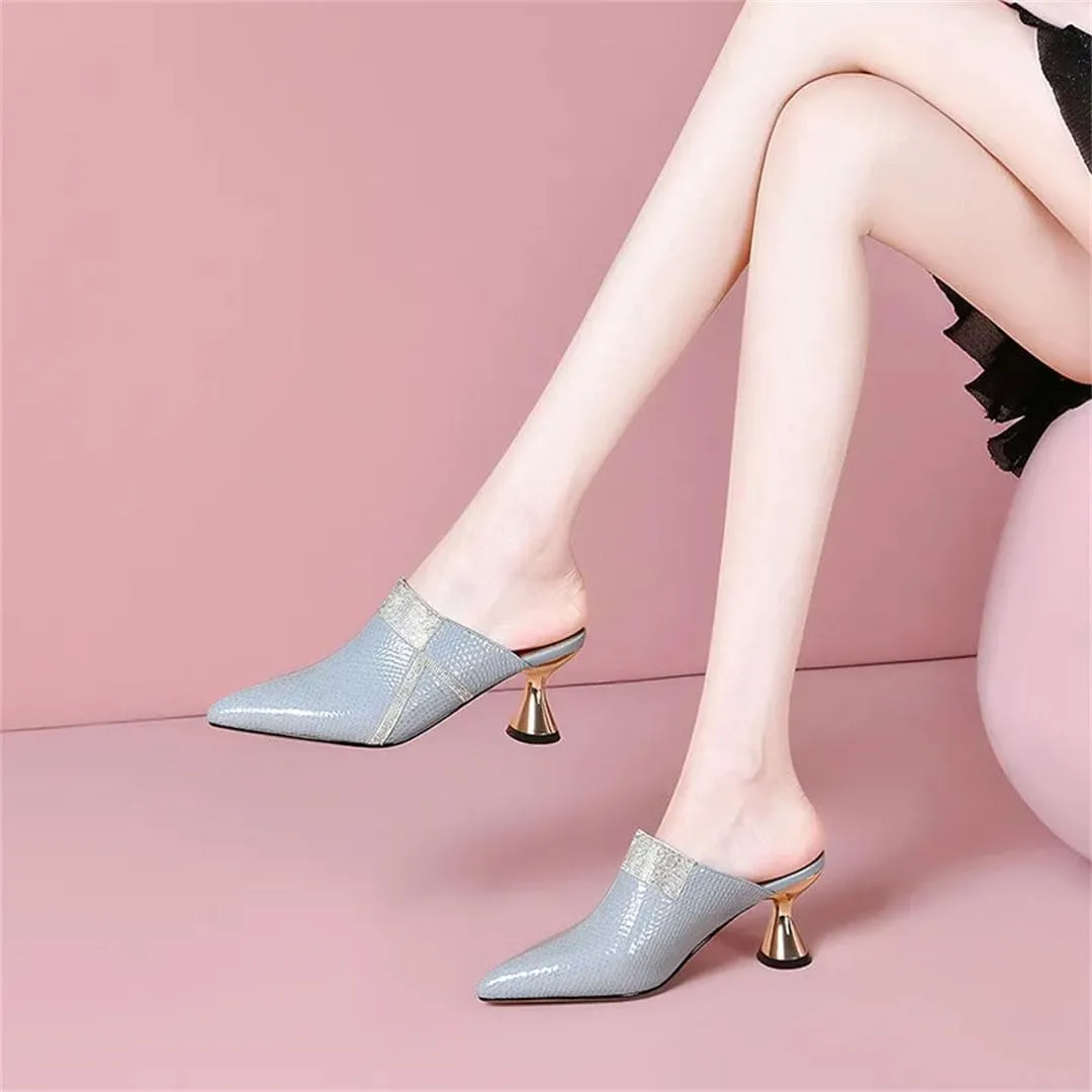 WomenS Fashion Rhinestone Slip-On Genuine Leather High Heel Platform Unique Heel Mules