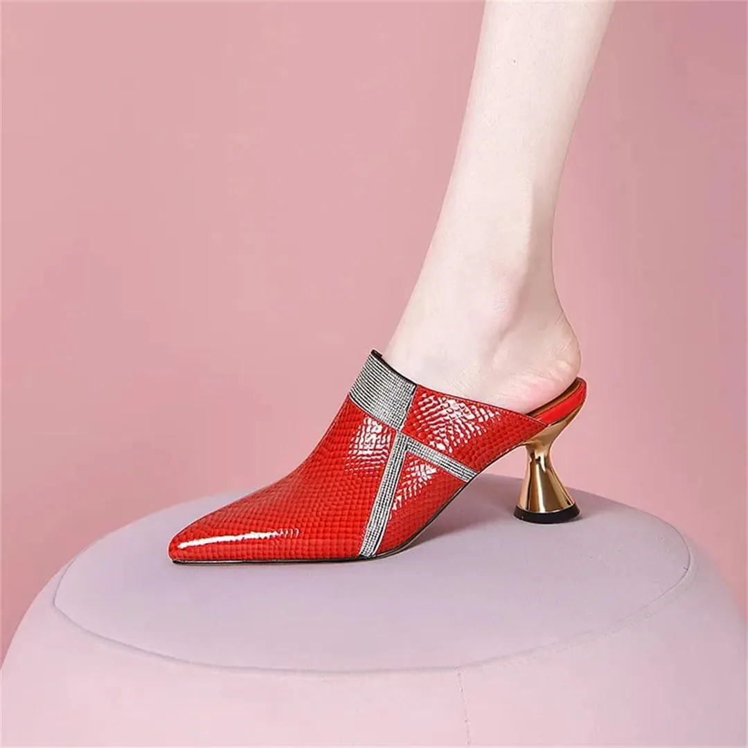 WomenS Fashion Rhinestone Slip-On Genuine Leather High Heel Platform Unique Heel Mules