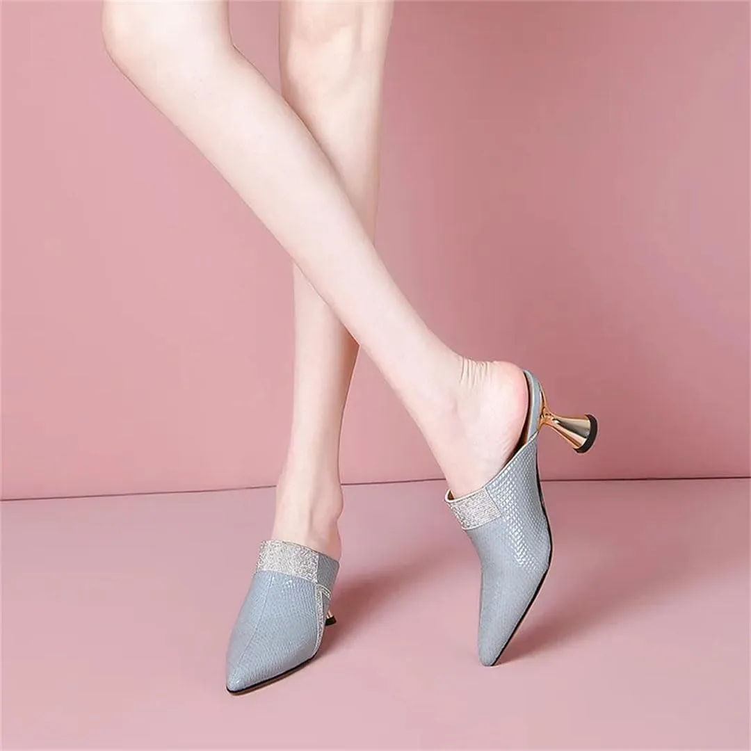 WomenS Fashion Rhinestone Slip-On Genuine Leather High Heel Platform Unique Heel Mules
