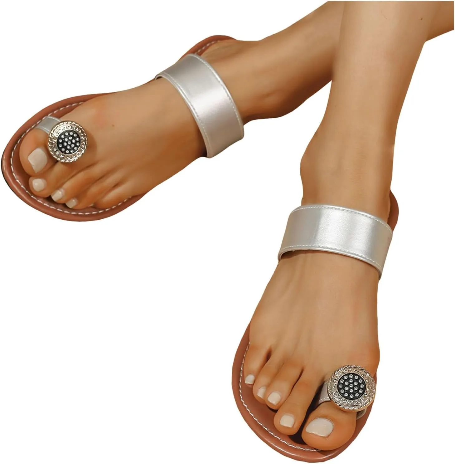 Womens Flat Sandals Comfortable Flip Flops Slide Sandals Summer Beach Shoes With Metal Women Womens Flat Dress Shoes