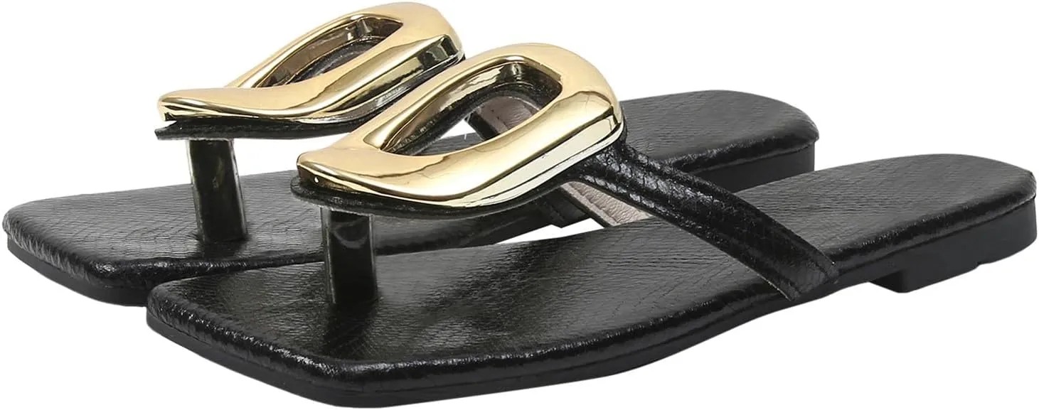 Womens Flat Sandals Comfortable Flip Flops Slide Sandals Summer Beach Shoes With Metal Womens Summer Dress Shoes