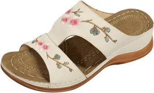 Womens Flat Sandals Embroidered Slides Summer Comfort Walking Sandals Lightweight Arch Support Daily Use