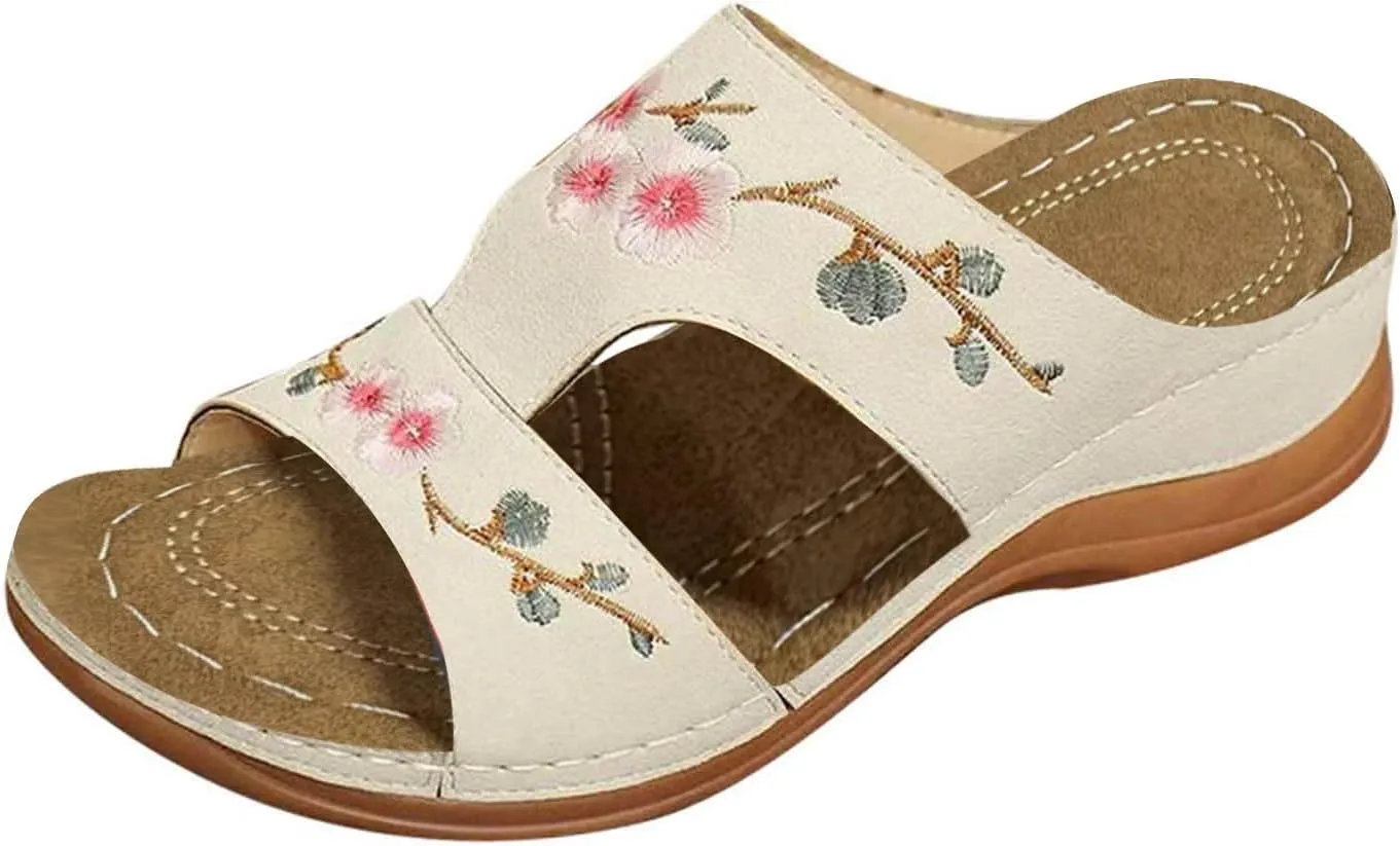 Womens Flat Sandals Embroidered Slides Summer Comfort Walking Sandals Lightweight Arch Support Daily Use