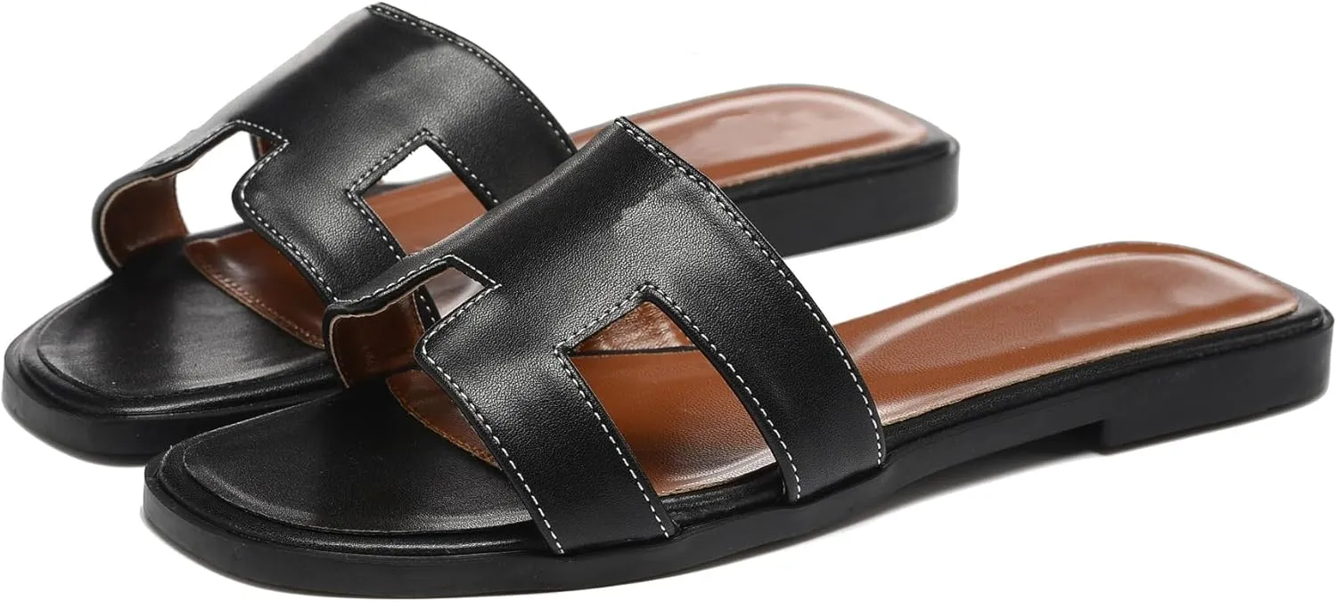 Womens Flat Sandals for Womens 2025 Summer Dressy Slippers Non Slip Comfortable Leather Slippers Cute Open Toe Shoes