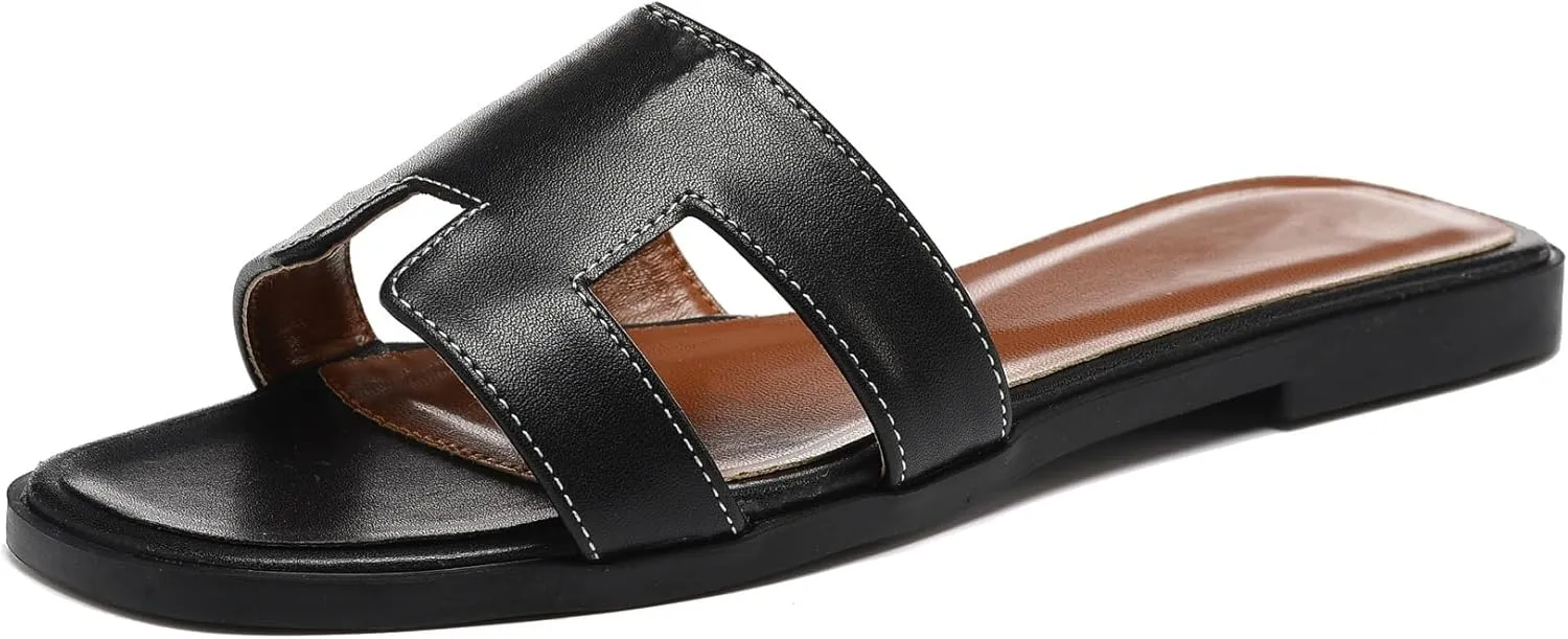 Womens Flat Sandals for Womens 2025 Summer Dressy Slippers Non Slip Comfortable Leather Slippers Cute Open Toe Shoes