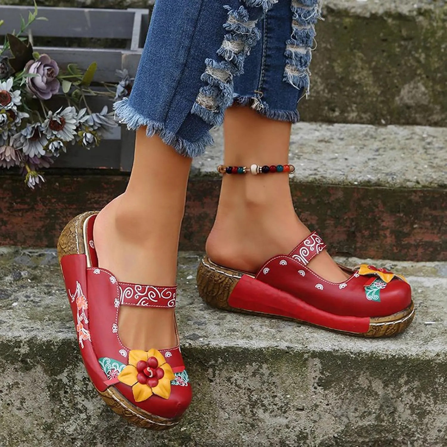 Womens Flats Closed Toe Clog Sandals Vintage Floral Pattern Slip On Comfort Shoes Handmade Style Unique Travel Casual