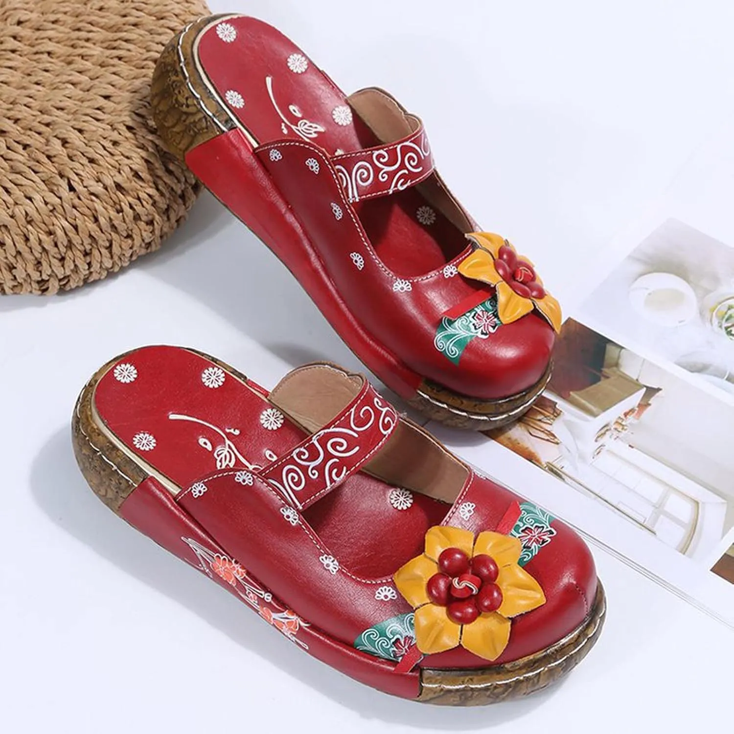 Womens Flats Closed Toe Clog Sandals Vintage Floral Pattern Slip On Comfort Shoes Handmade Style Unique Travel Casual