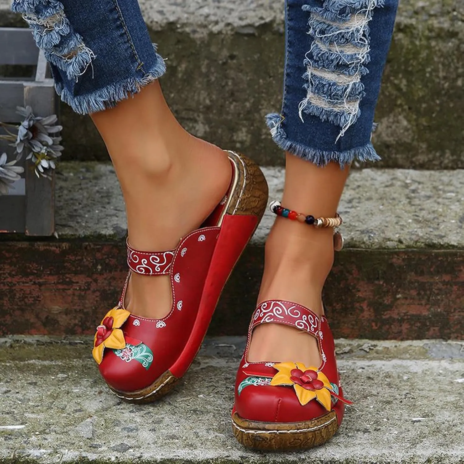 Womens Flats Closed Toe Clog Sandals Vintage Floral Pattern Slip On Comfort Shoes Handmade Style Unique Travel Casual