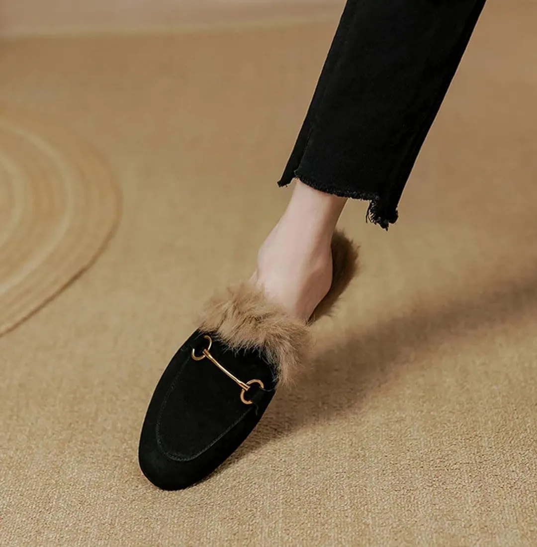 WomenS Fluffy Suede Slip-On Flat Mules Pull-On Outdoor Street Style with Plush Lining Mules
