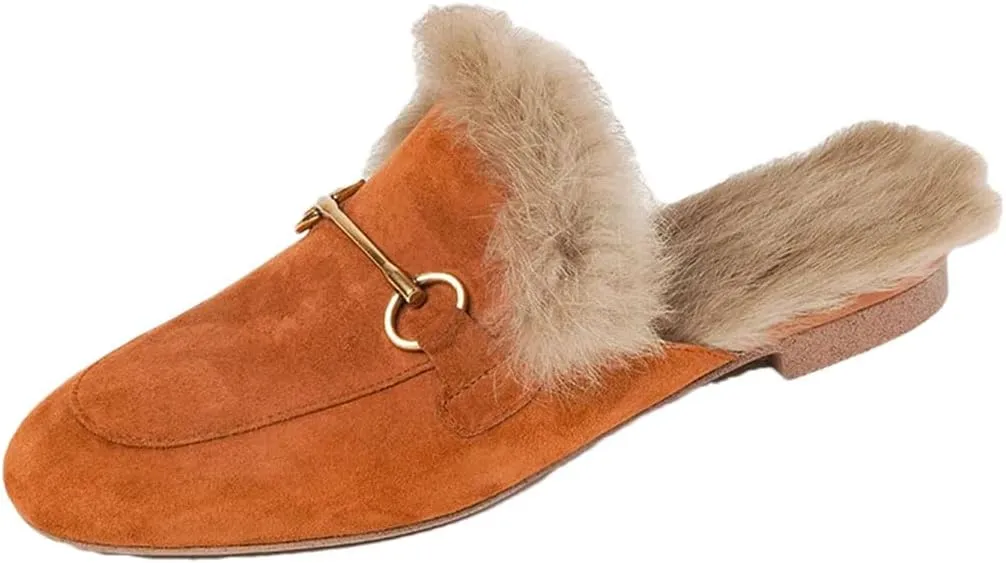 WomenS Fluffy Suede Slip-On Flat Mules Pull-On Outdoor Street Style with Plush Lining Mules