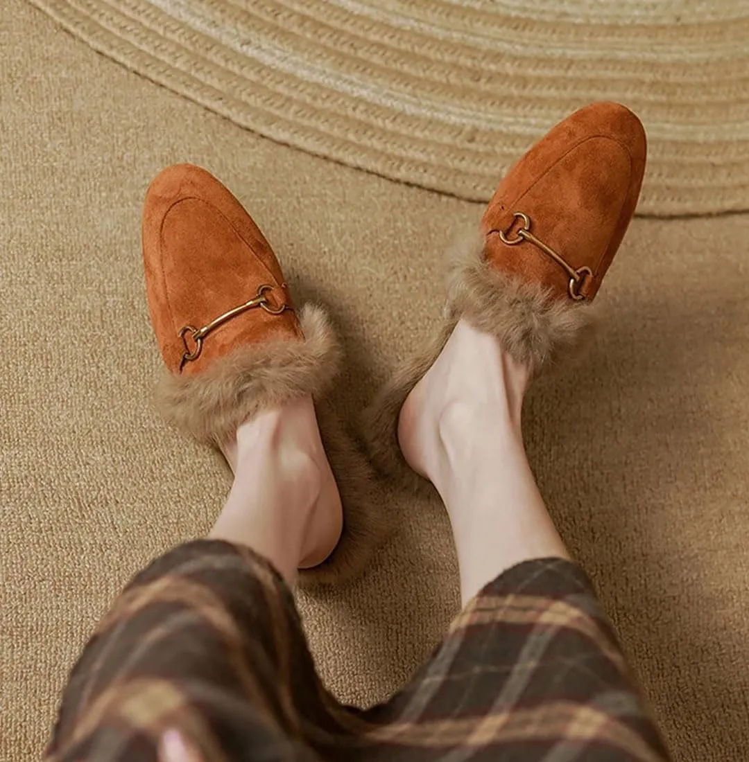 WomenS Fluffy Suede Slip-On Flat Mules Pull-On Outdoor Street Style with Plush Lining Mules