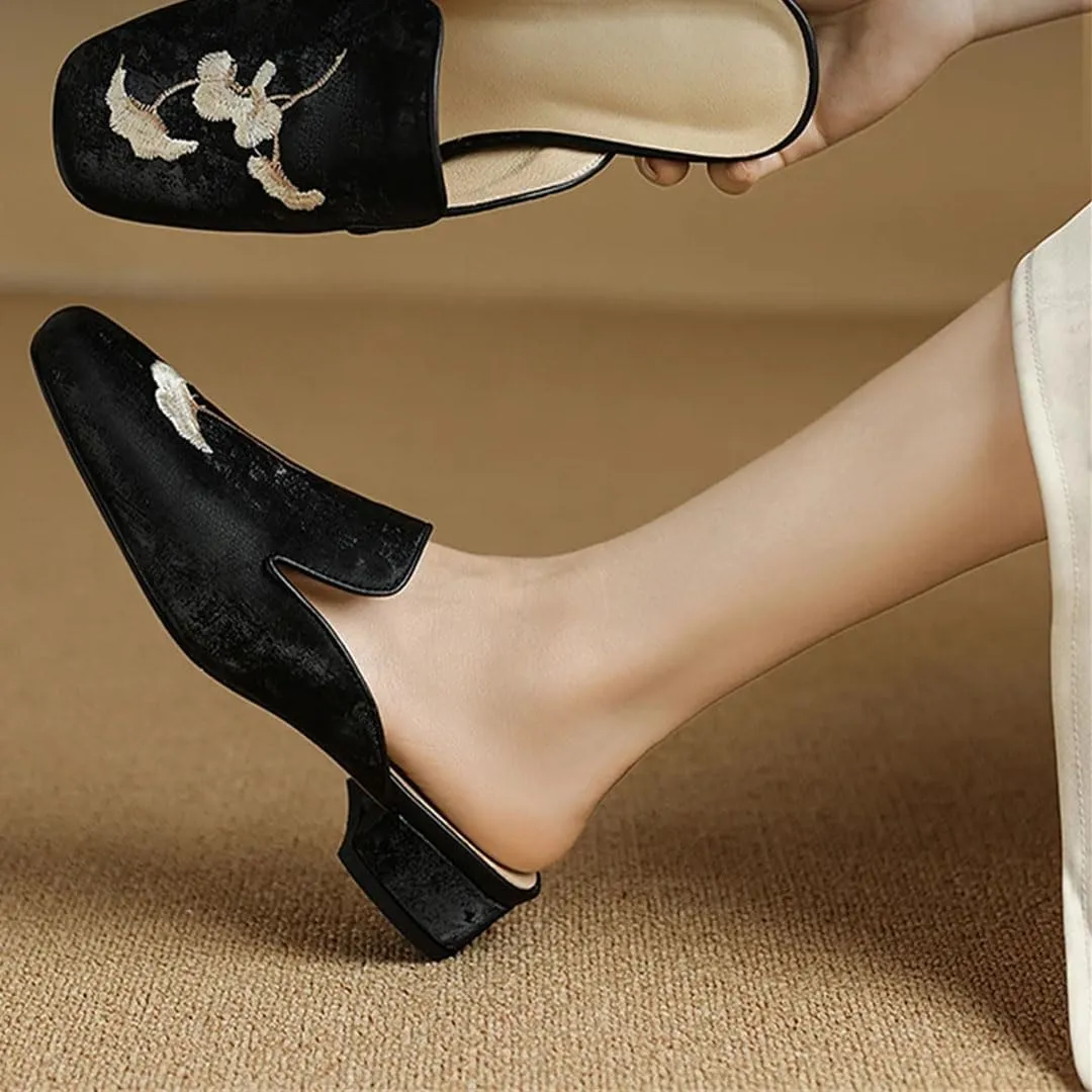 WomenS Genuine Leather Asymmetrical Embroidery Mules Pull-On Ethnic Style with Medium Square Heel Casual Wear Mules