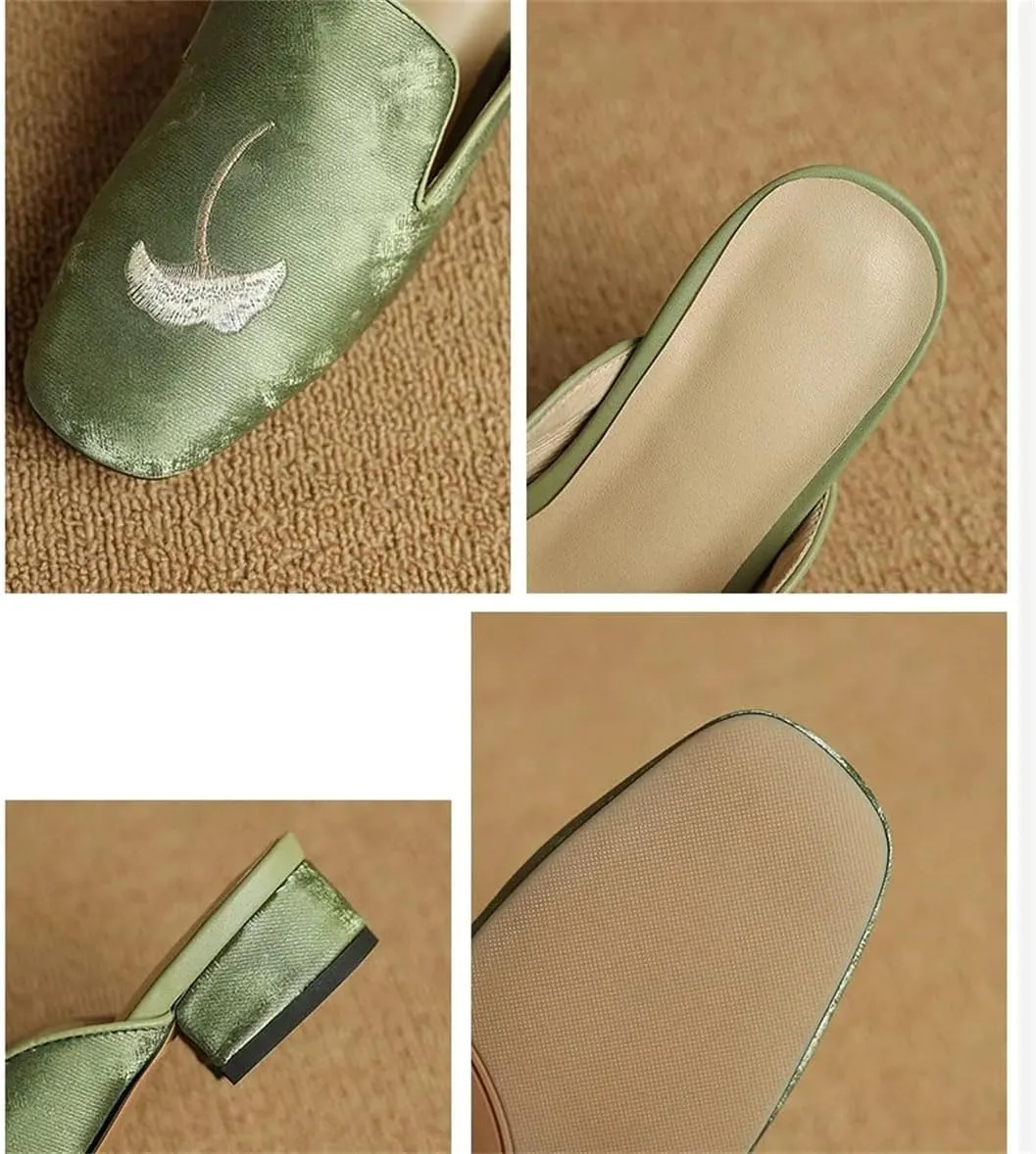 WomenS Genuine Leather Asymmetrical Embroidery Mules Pull-On Ethnic Style with Medium Square Heel Casual Wear Mules