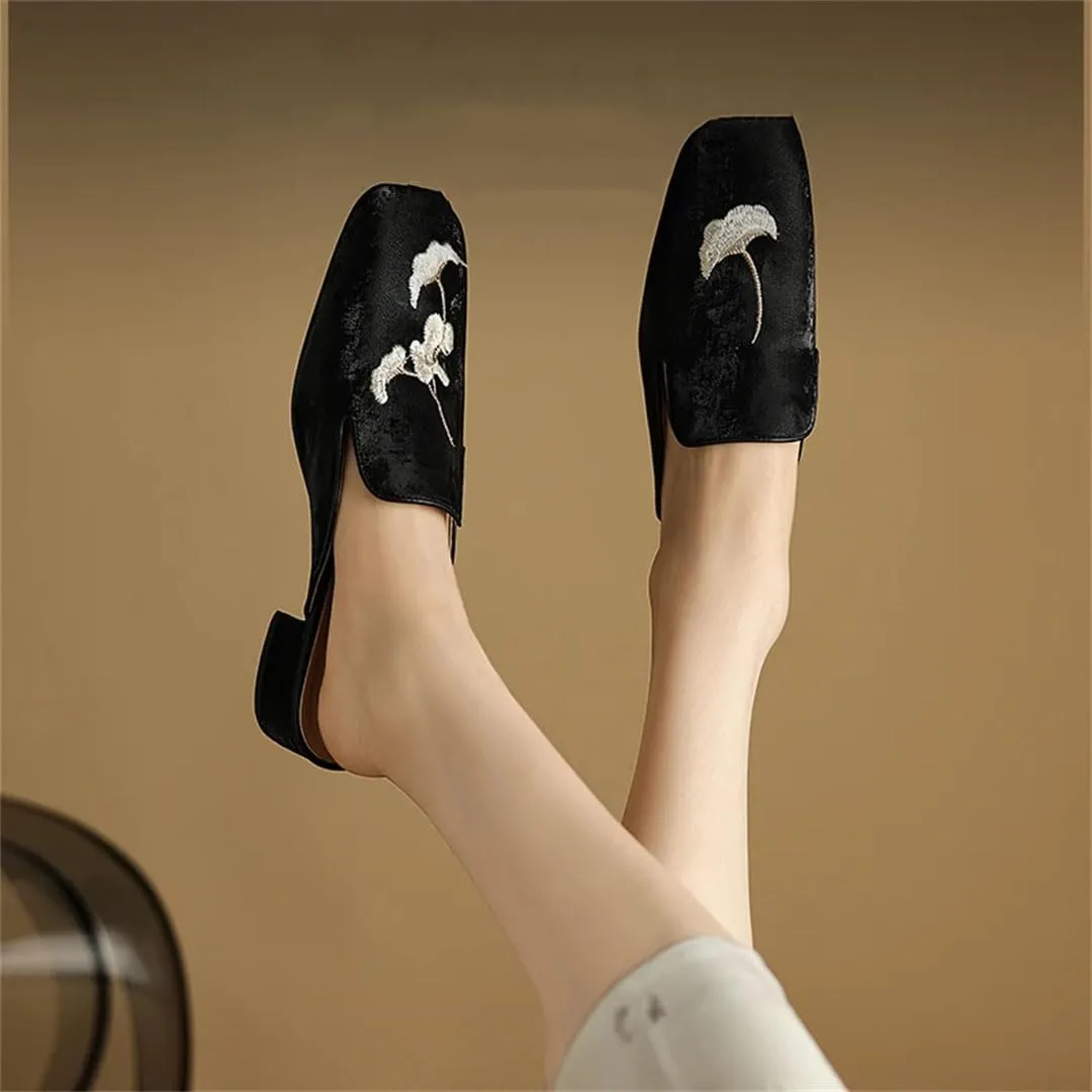 WomenS Genuine Leather Asymmetrical Embroidery Mules Pull-On Ethnic Style with Medium Square Heel Casual Wear Mules