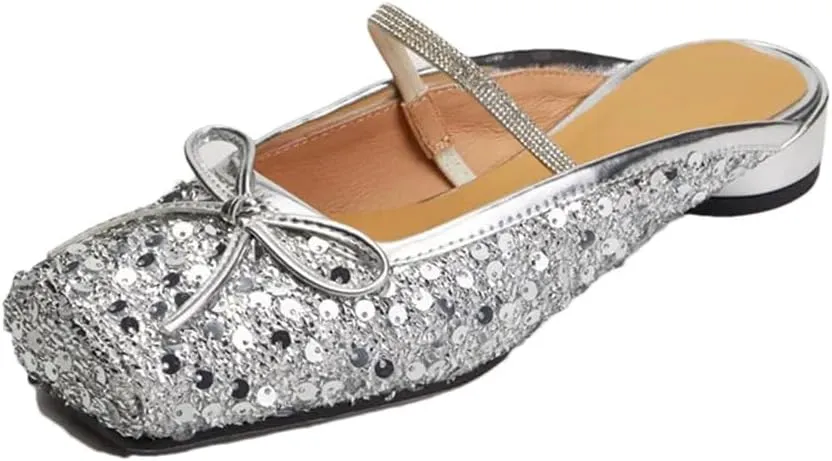 WomenS Genuine Leather Bling Sequin Square Toe Mules Pull-On Medium Square Heel with Butterfly Knot Detail Mules