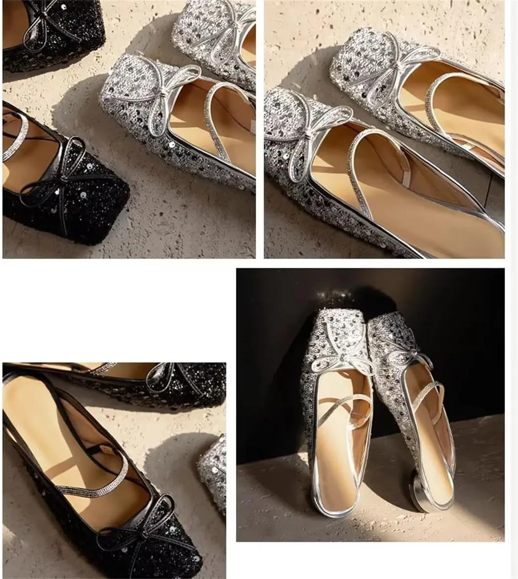 WomenS Genuine Leather Bling Sequin Square Toe Mules Pull-On Medium Square Heel with Butterfly Knot Detail Mules