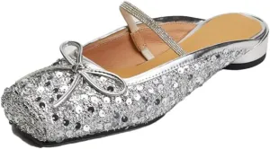 WomenS Genuine Leather Bling Sequin Square Toe Mules Pull-On Medium Square Heel with Butterfly Knot Detail Mules