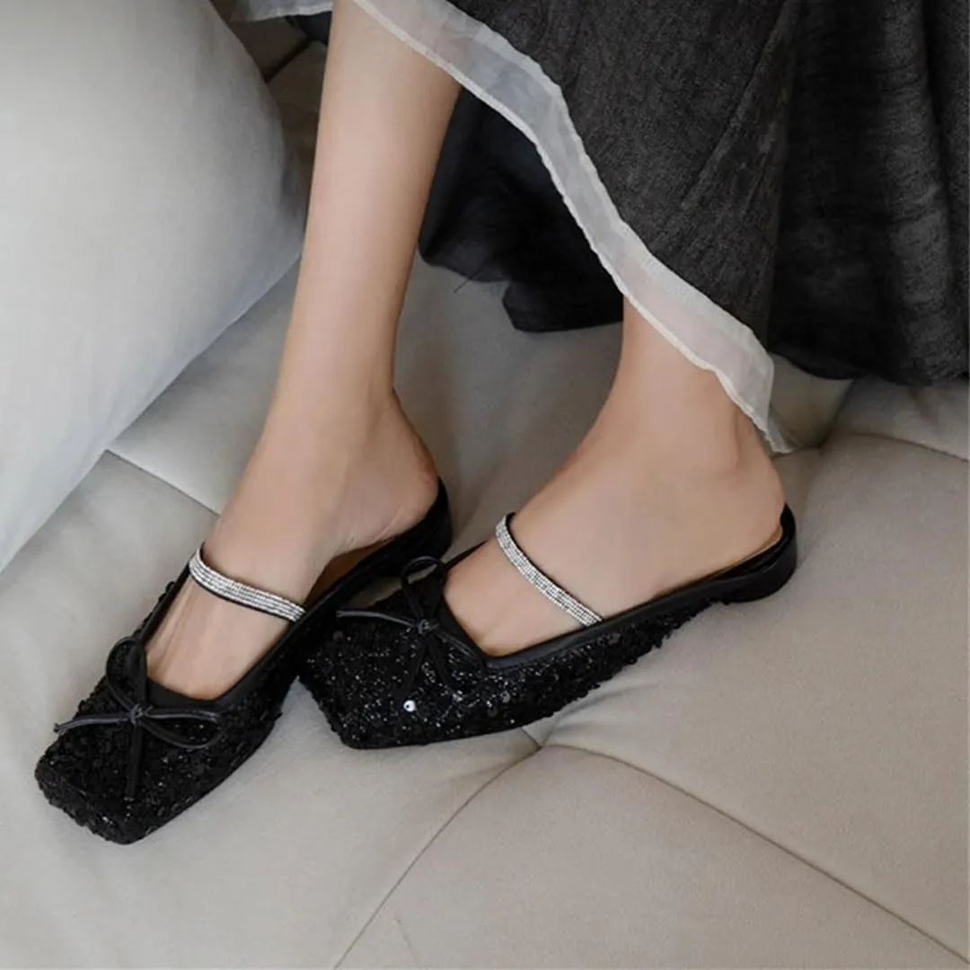 WomenS Genuine Leather Bling Sequin Square Toe Mules Pull-On Medium Square Heel with Butterfly Knot Detail Mules