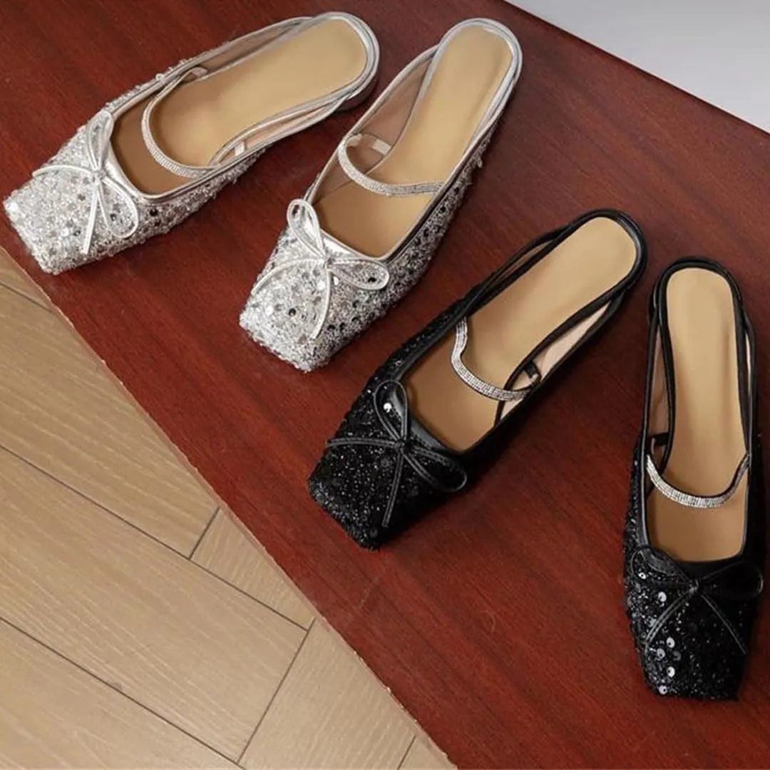 WomenS Genuine Leather Bling Sequin Square Toe Mules Pull-On Medium Square Heel with Butterfly Knot Detail Mules