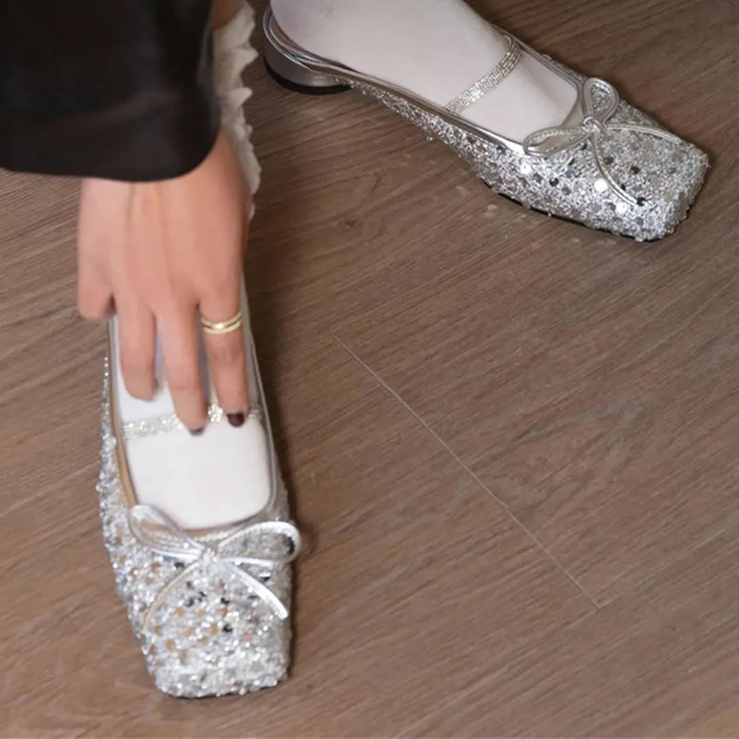 WomenS Genuine Leather Bling Sequin Square Toe Mules Pull-On Medium Square Heel with Butterfly Knot Detail Mules