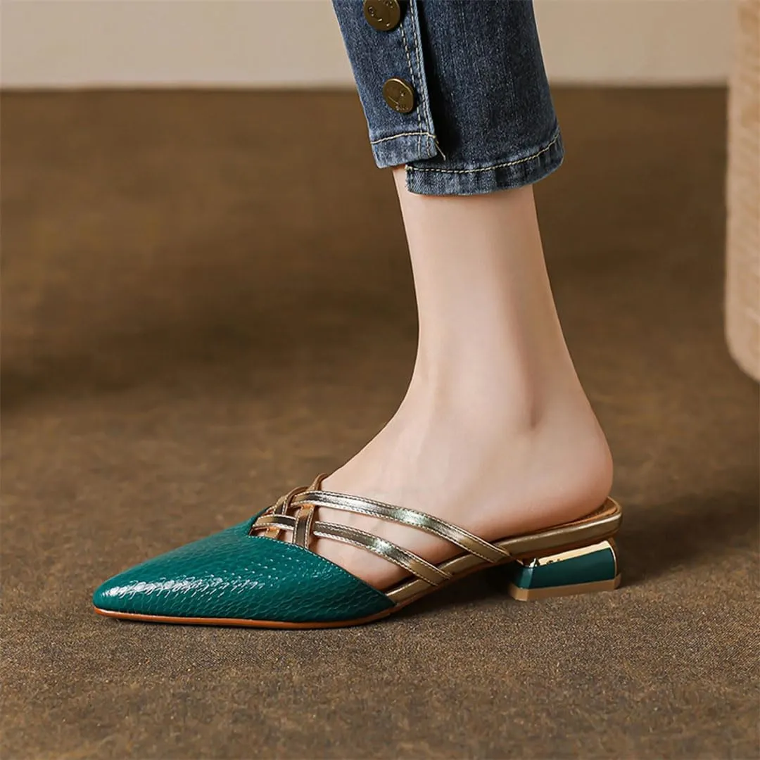 WomenS Genuine Leather Buckle Closure Pointed Toe Low Heel Unique Heel Mules for Daily Shopping and Walking