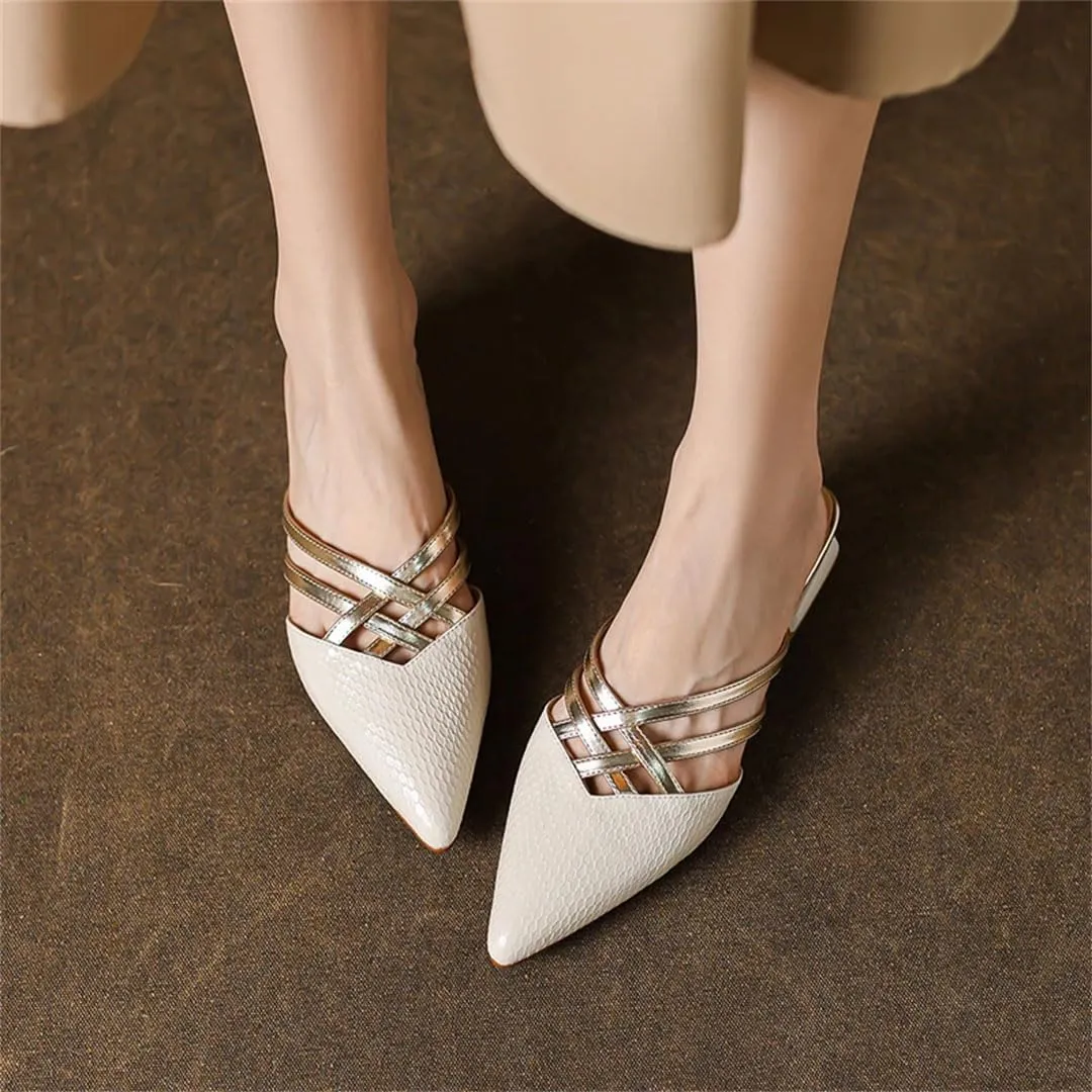 WomenS Genuine Leather Buckle Closure Pointed Toe Low Heel Unique Heel Mules for Daily Shopping and Walking