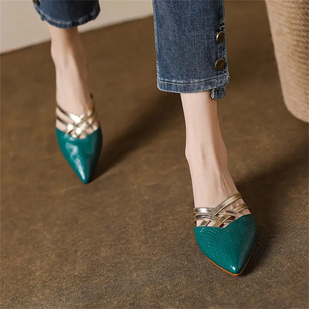 WomenS Genuine Leather Buckle Closure Pointed Toe Low Heel Unique Heel Mules for Daily Shopping and Walking
