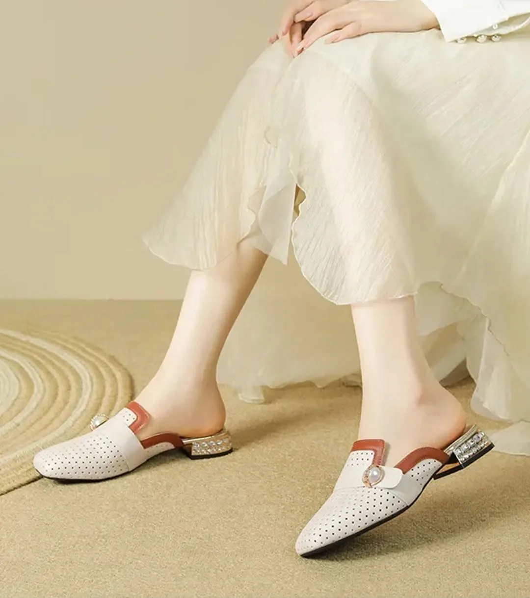 WomenS Genuine Leather Color Block Mid Heel Slip-On Casual Mules for Daily Shopping and Walking