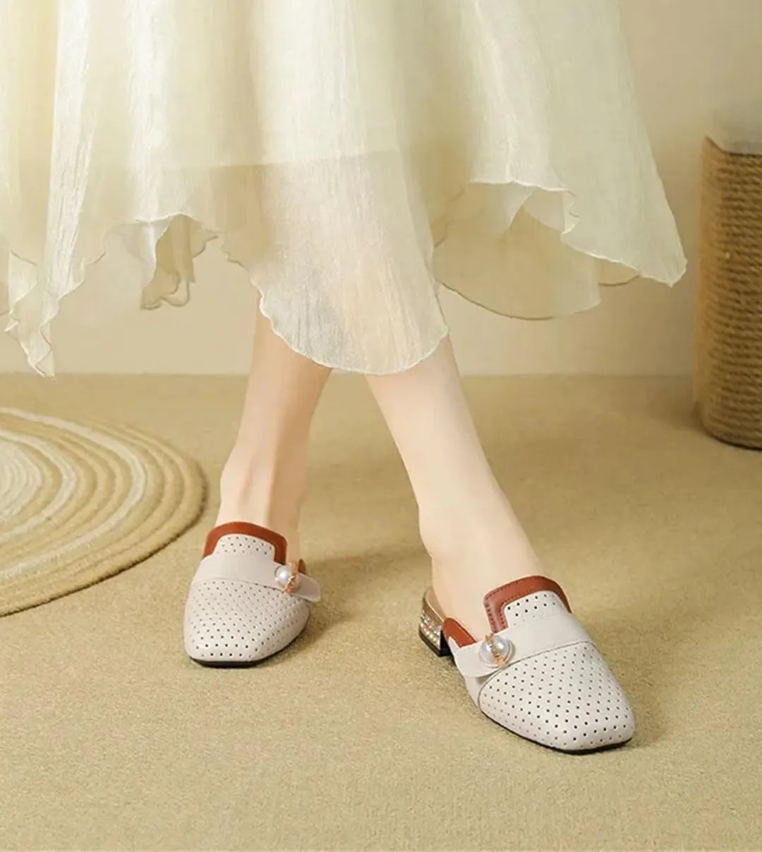 WomenS Genuine Leather Color Block Mid Heel Slip-On Casual Mules for Daily Shopping and Walking