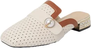 WomenS Genuine Leather Color Block Mid Heel Slip-On Casual Mules for Daily Shopping and Walking