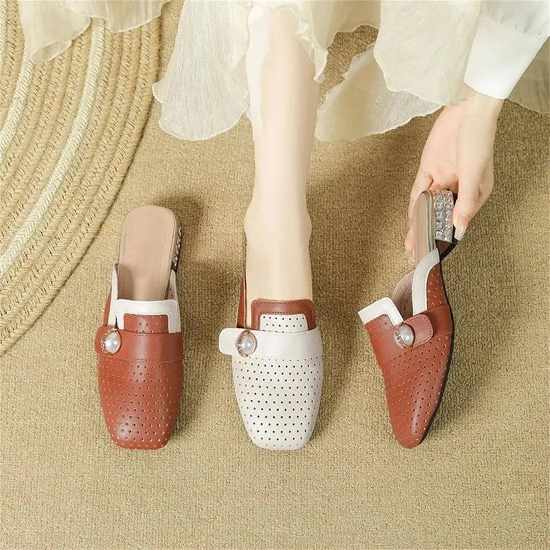 WomenS Genuine Leather Color Block Mid Heel Slip-On Casual Mules for Daily Shopping and Walking