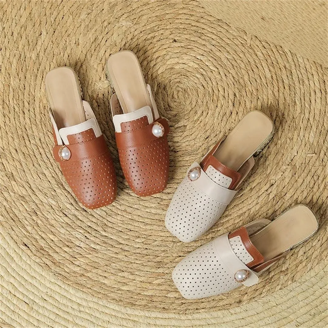 WomenS Genuine Leather Color Block Mid Heel Slip-On Casual Mules for Daily Shopping and Walking