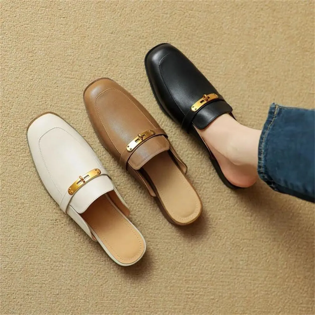 WomenS Genuine Leather Covered Toe Metal Detail Square Heel Pull On 3Cm Low Heel Elegant Casual Mules