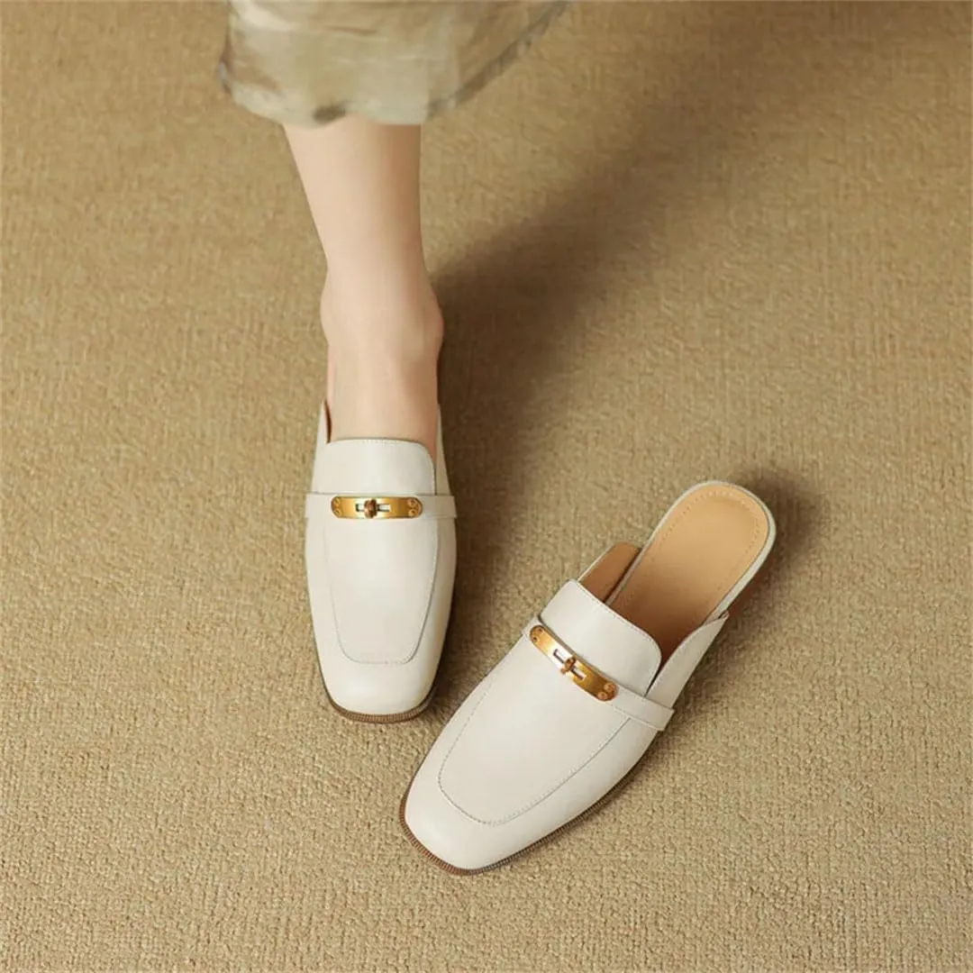 WomenS Genuine Leather Covered Toe Metal Detail Square Heel Pull On 3Cm Low Heel Elegant Casual Mules