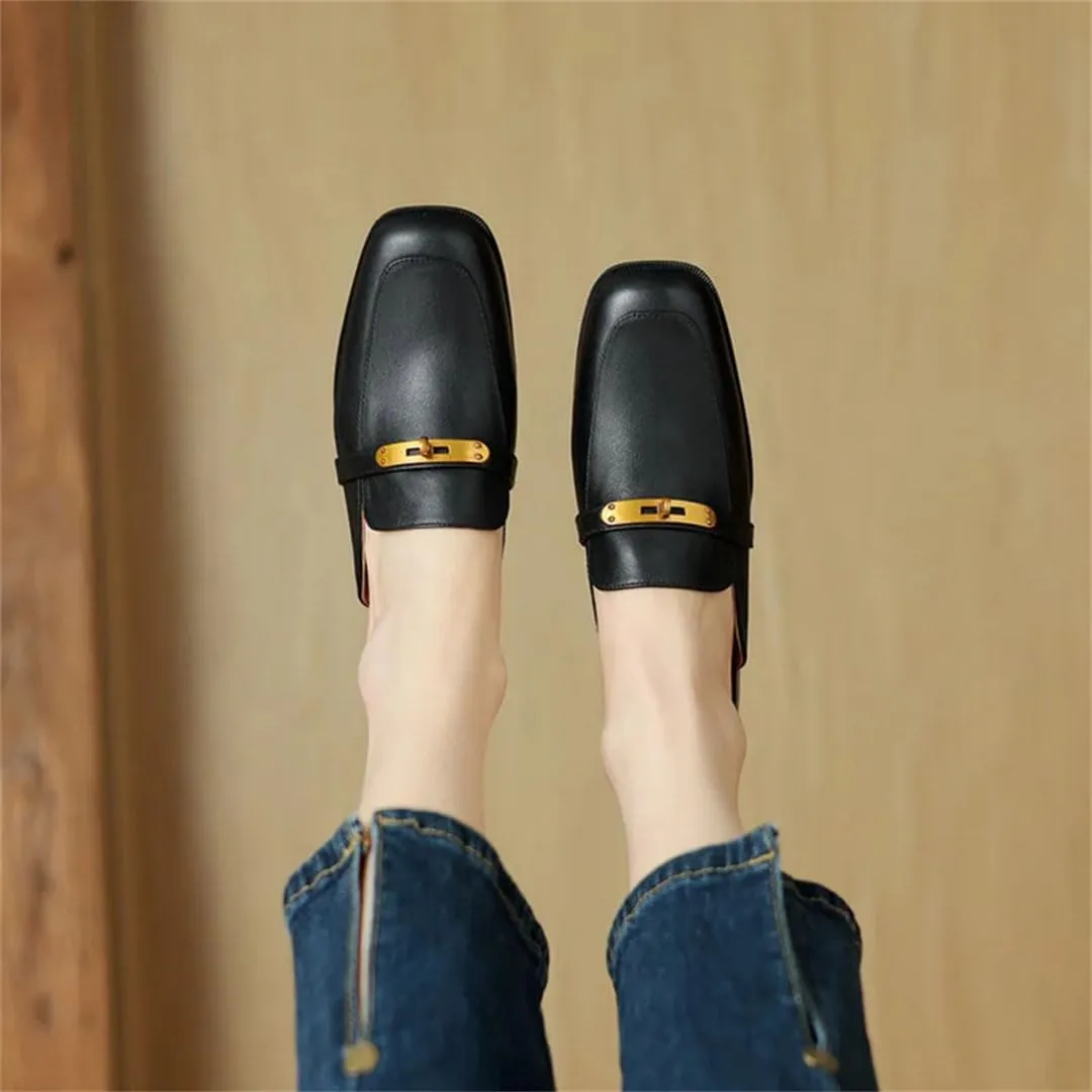 WomenS Genuine Leather Covered Toe Metal Detail Square Heel Pull On 3Cm Low Heel Elegant Casual Mules