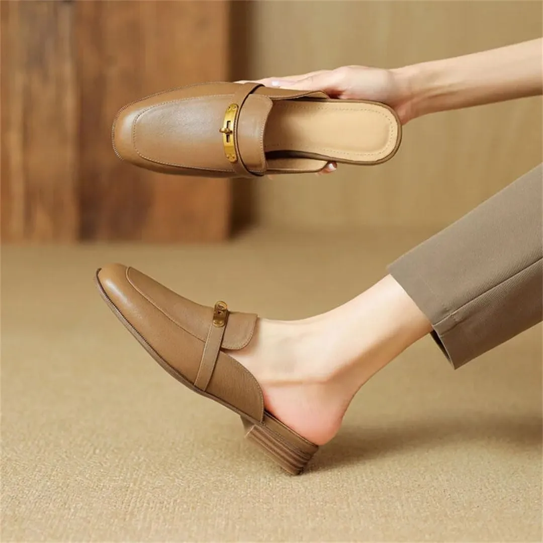 WomenS Genuine Leather Covered Toe Metal Detail Square Heel Pull On 3Cm Low Heel Elegant Casual Mules