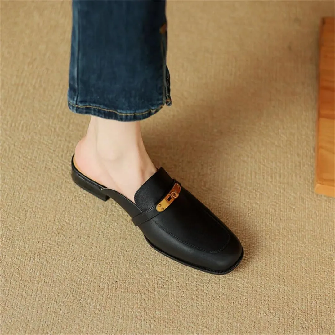 WomenS Genuine Leather Covered Toe Metal Detail Square Heel Pull On 3Cm Low Heel Elegant Casual Mules