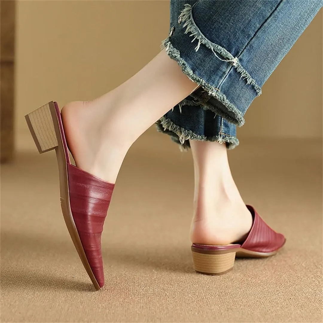 WomenS Genuine Leather Fashion Mules with Medium Square Heel and Embroidery Pull-On Concise Style for Outdoor Wear Mules