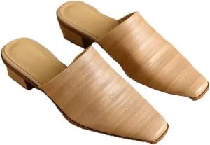 WomenS Genuine Leather Fashion Mules with Medium Square Heel and Embroidery Pull-On Concise Style for Outdoor Wear Mules