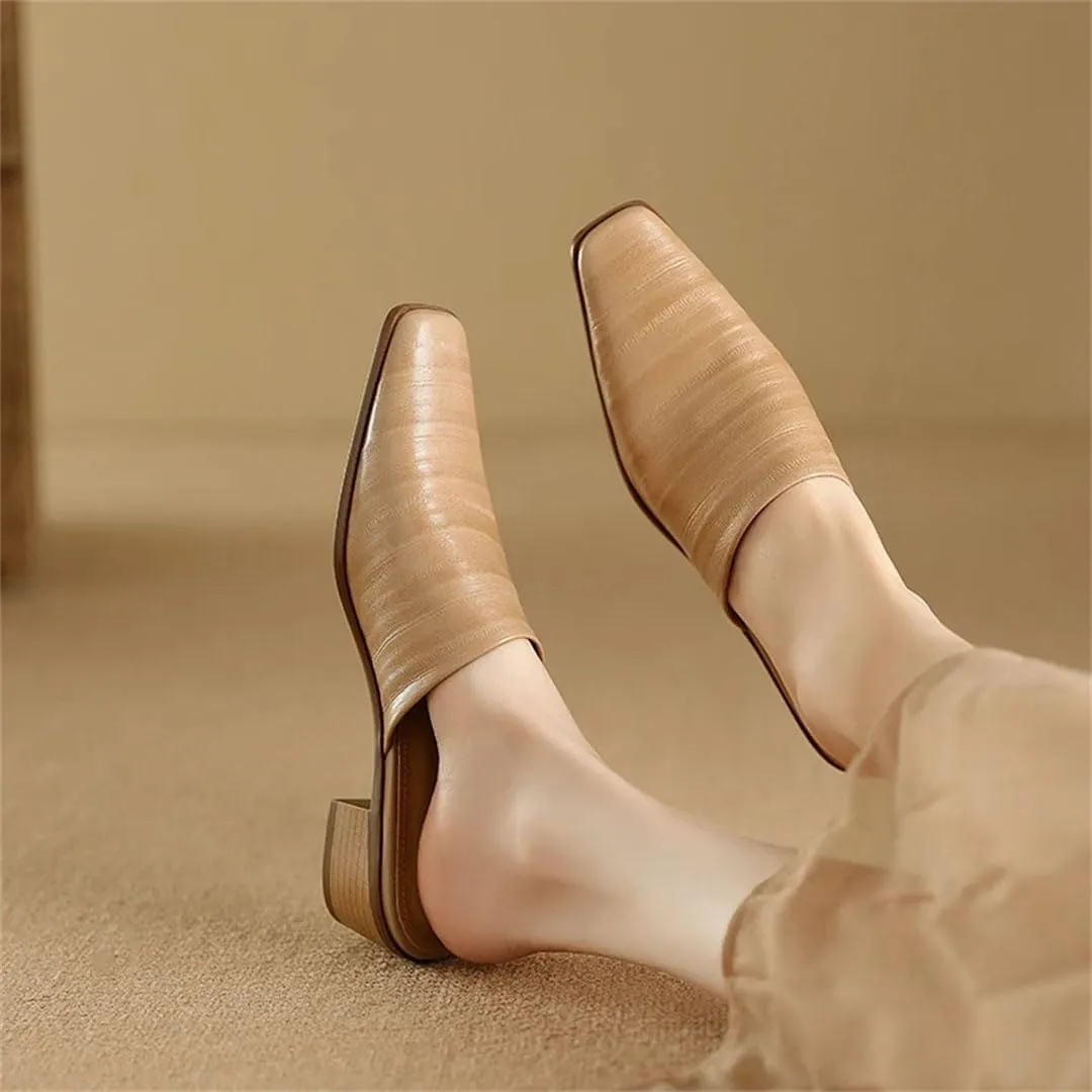 WomenS Genuine Leather Fashion Mules with Medium Square Heel and Embroidery Pull-On Concise Style for Outdoor Wear Mules