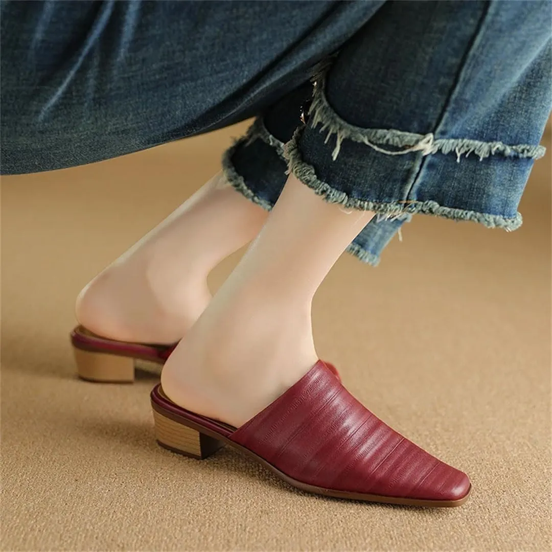 WomenS Genuine Leather Fashion Mules with Medium Square Heel and Embroidery Pull-On Concise Style for Outdoor Wear Mules