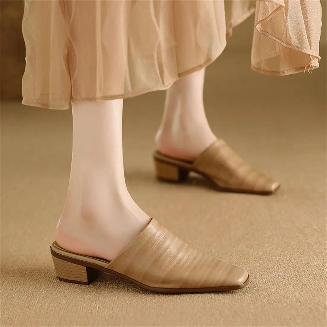 WomenS Genuine Leather Fashion Mules with Medium Square Heel and Embroidery Pull-On Concise Style for Outdoor Wear Mules